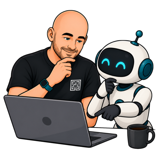Максим работает за ноутбуком вместе с ИИ-роботом